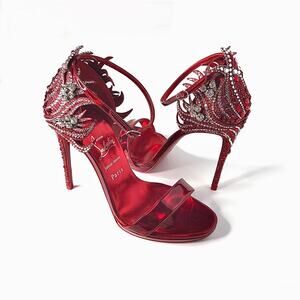 NEW Christian Louboutin Loubi Vega Red Crystal Embellished Strappy Sandals 38